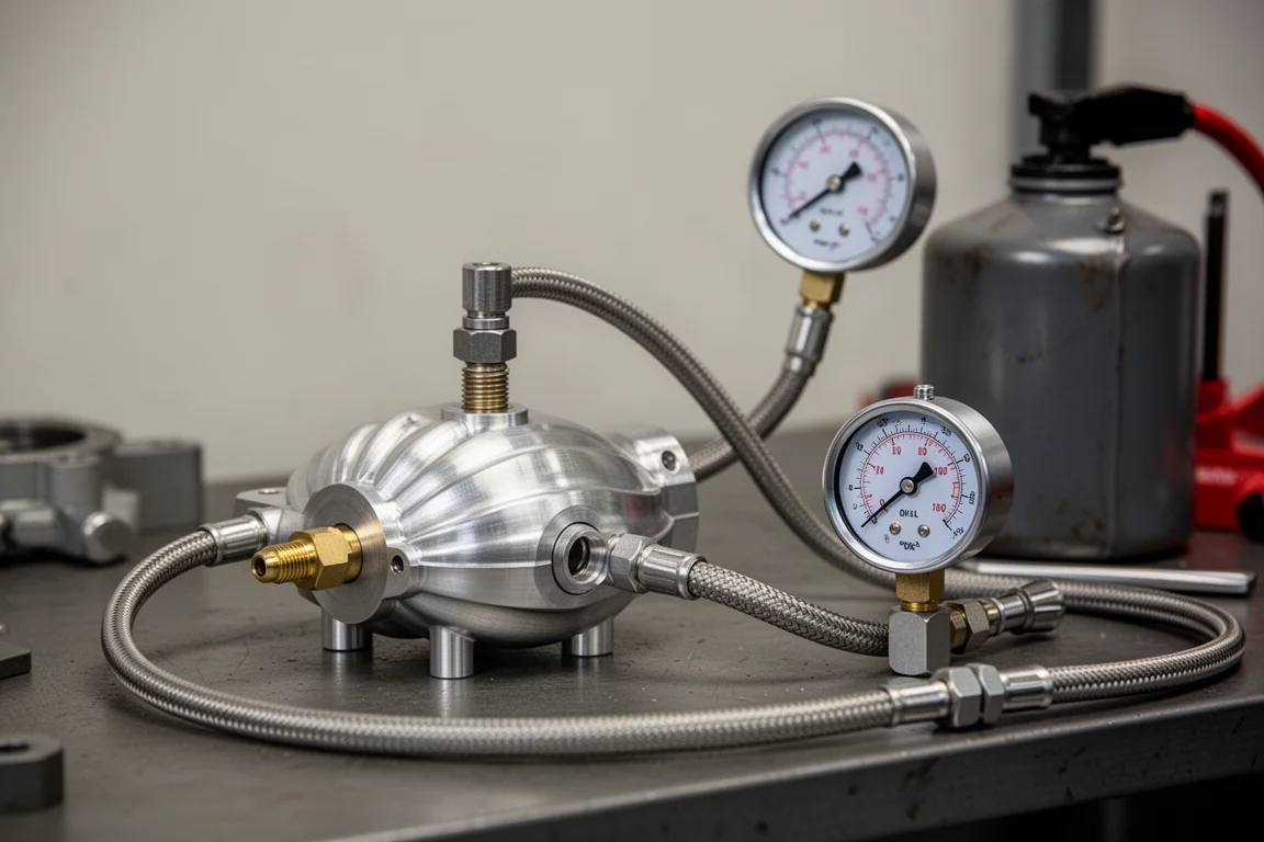 Metalowy testowy zespół typu clamshell podłączony do hydraulicznego manometru