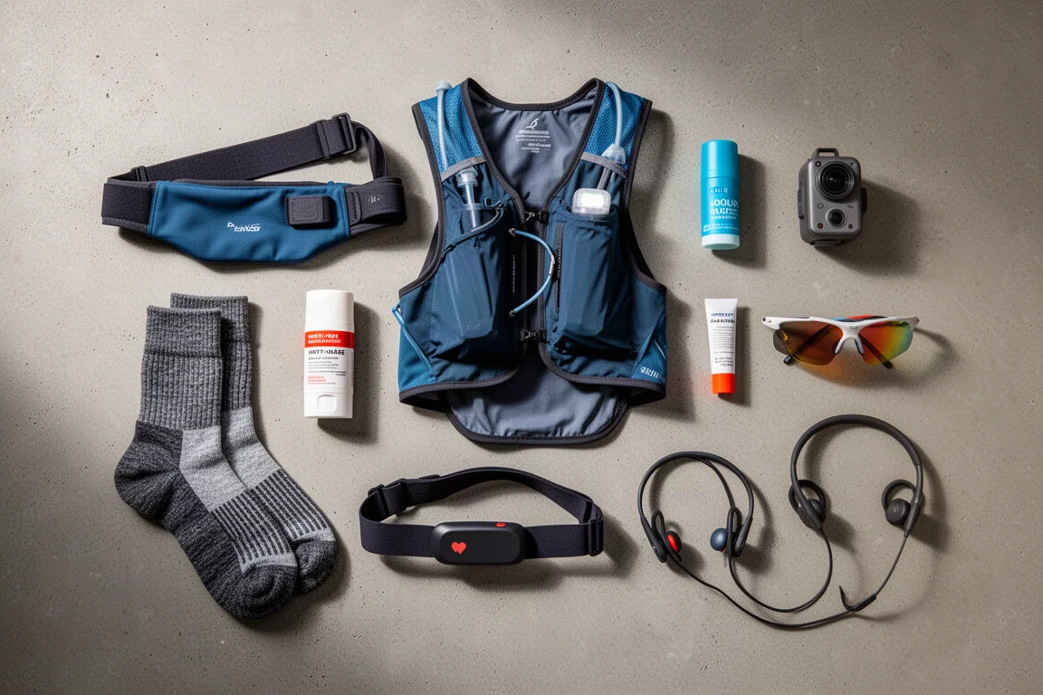 Flat-Lay mit Lauf-Accessoires: Gürtel, Weste, Licht, Sonnenbrille, Socken, Brustgurt und Kopfhörer