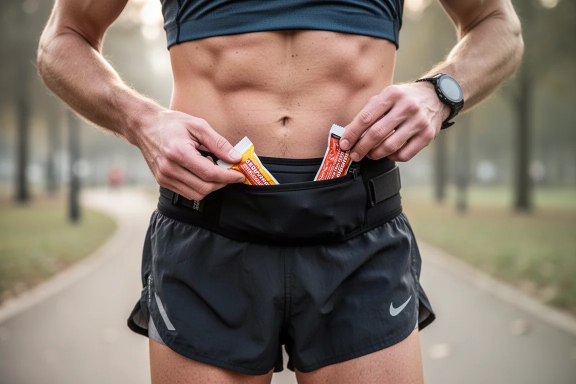 Un corredor carga geles y un smartphone en el bolsillo de un cinturón de running