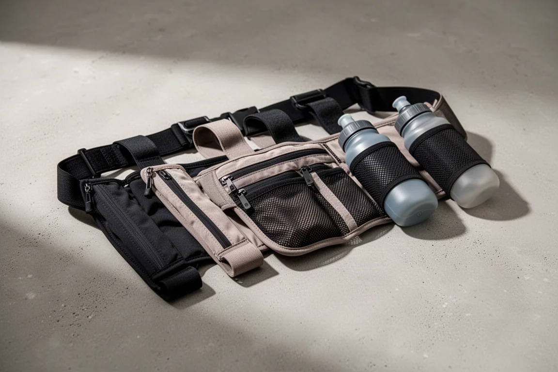 Collection of running belts with pockets and flasks laid out on concrete