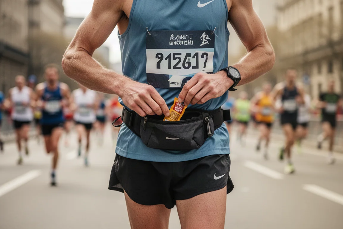 Maratoniano sacando un gel de un cinturón de cintura en un punto de avituallamiento