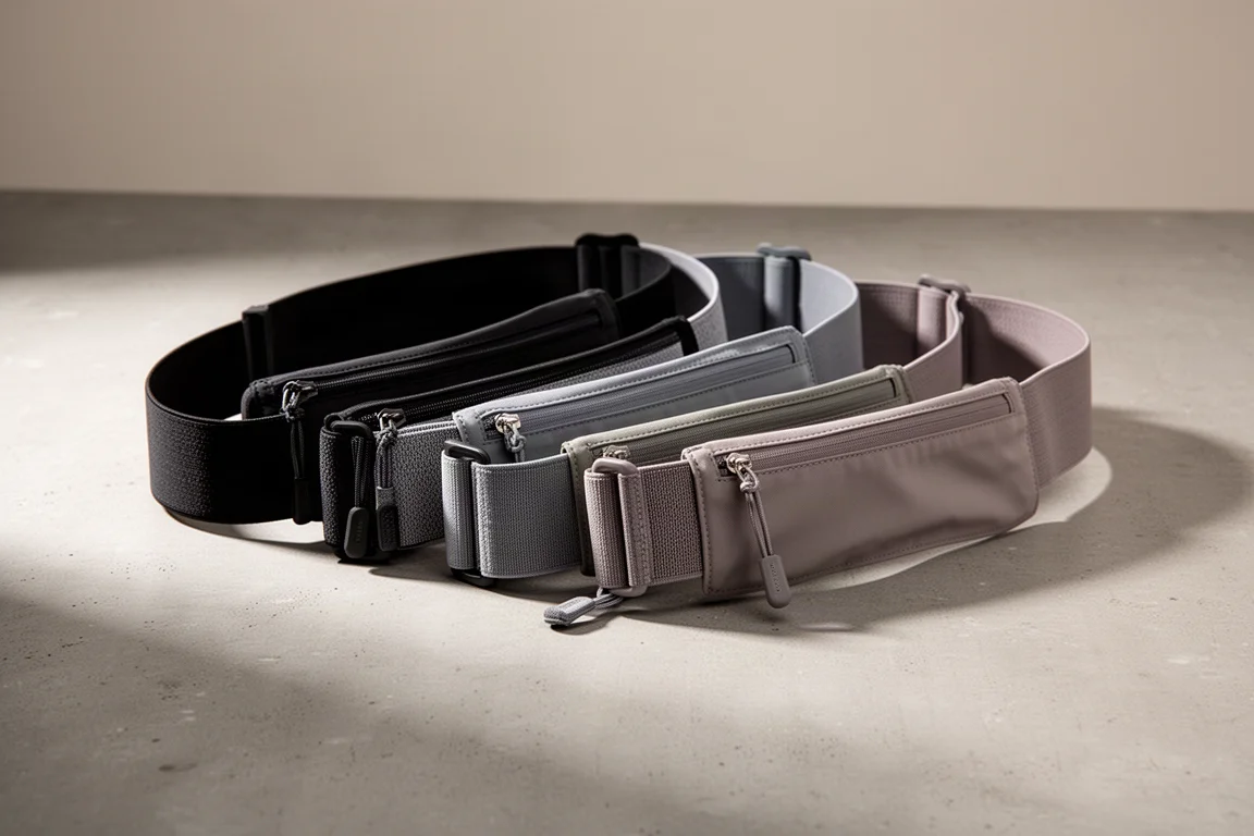 Several stretchy running belts laid out on a concrete surface