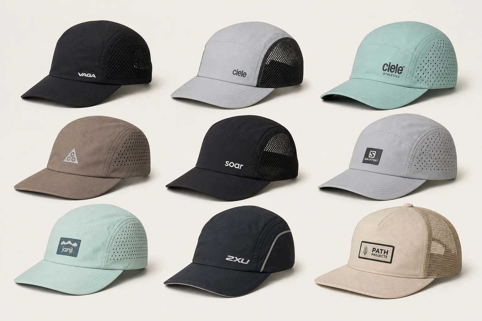 Nine running caps in various styles and colors arranged on neutral backdrop