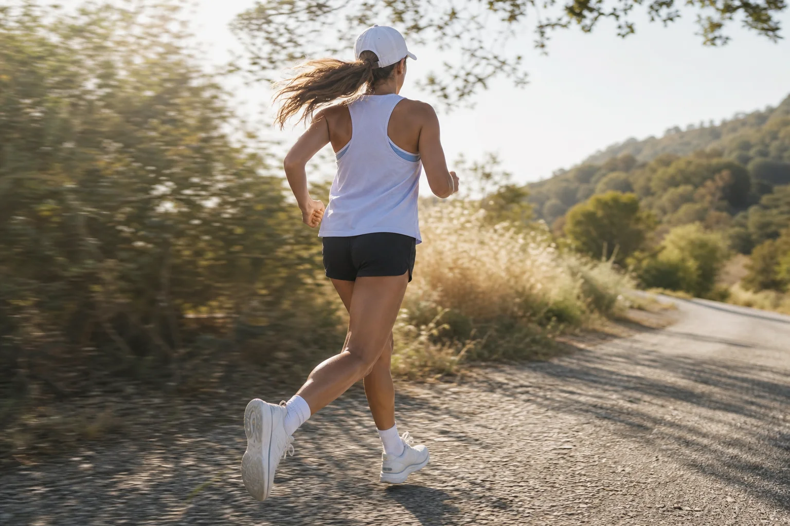 Runner in movimento su un sentiero soleggiato che indossa un cappellino da running leggero