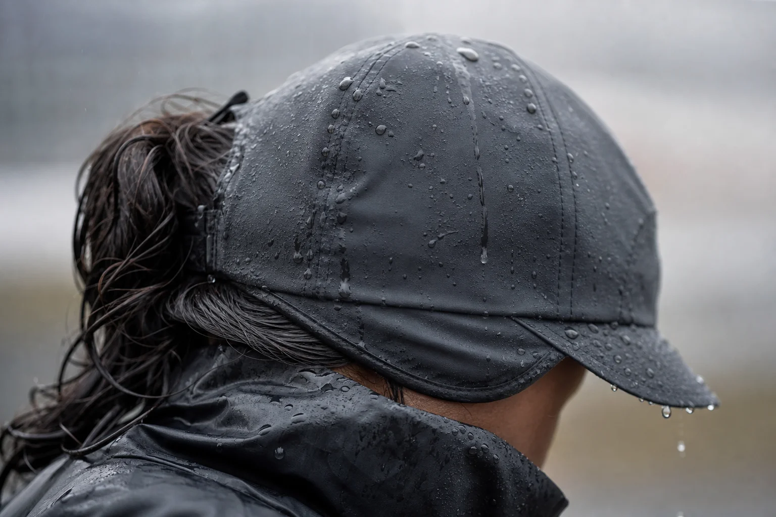 Primo piano della visiera di un cappellino impermeabile con gocce di pioggia in condizioni di bagnato