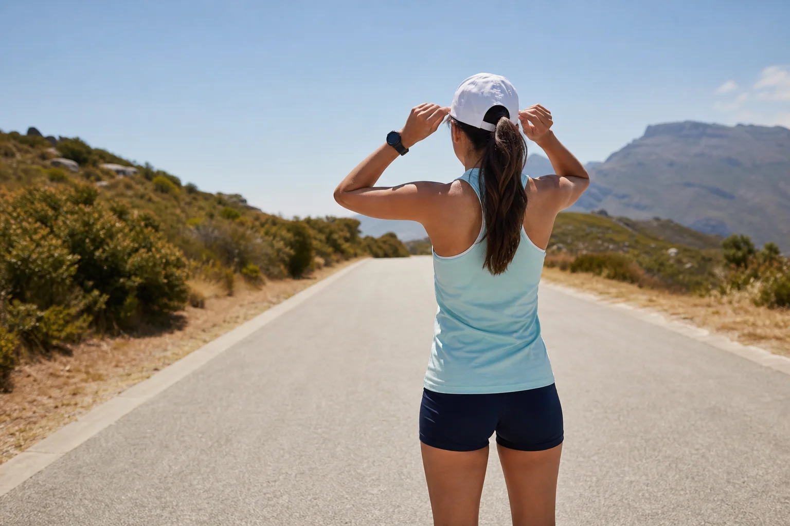 Runner che regola la vestibilità del cappellino su una strada soleggiata con cielo limpido