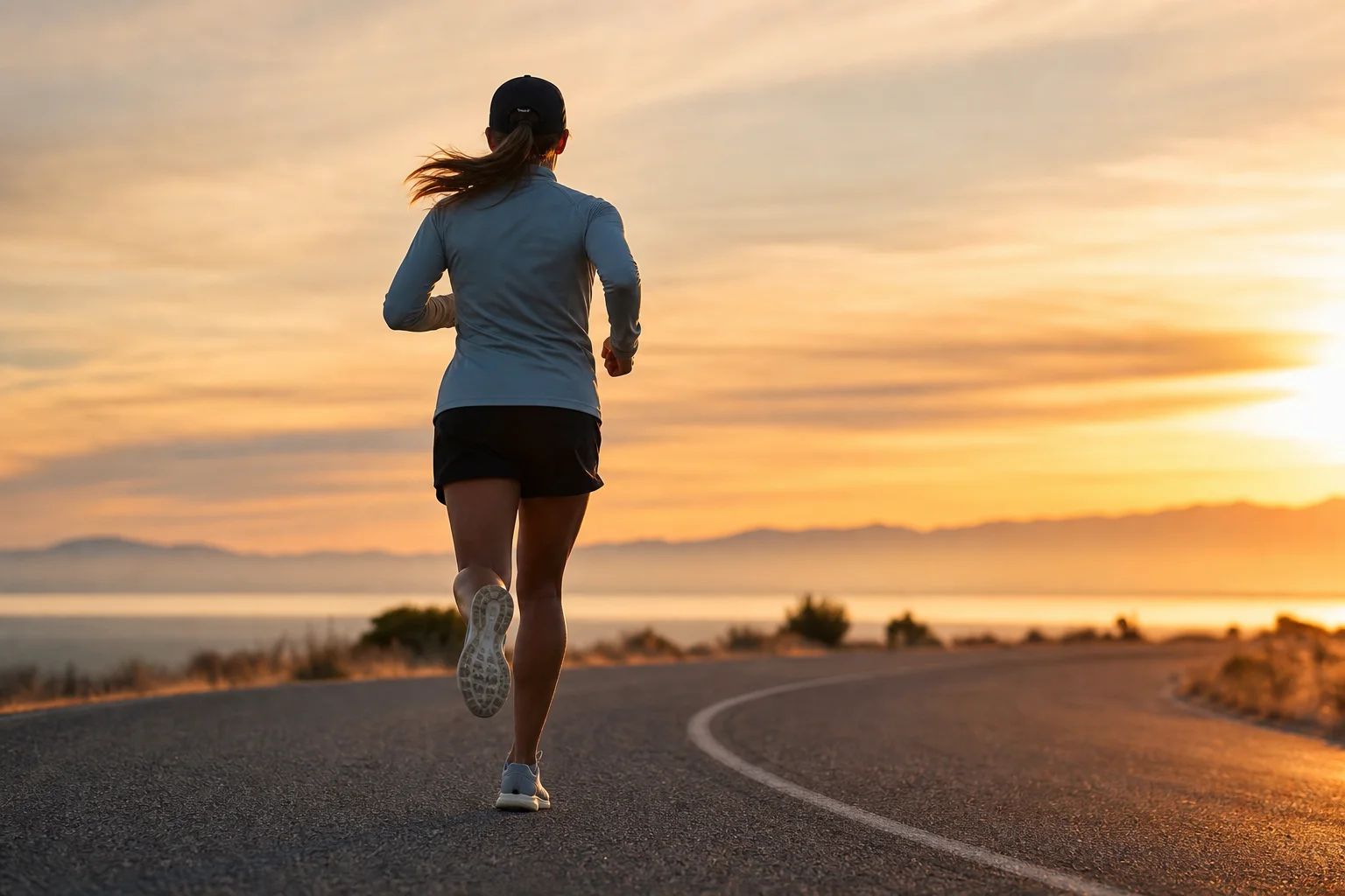 Runner in movimento su pista al tramonto che indossa un cappellino da running a basso profilo