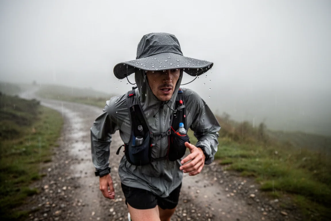 Hardloper op een nat trail met een waterdichte hardlooppet bij lichte regen