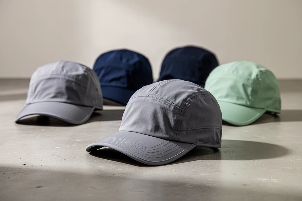 A collection of lightweight running caps in muted tones on a concrete surface