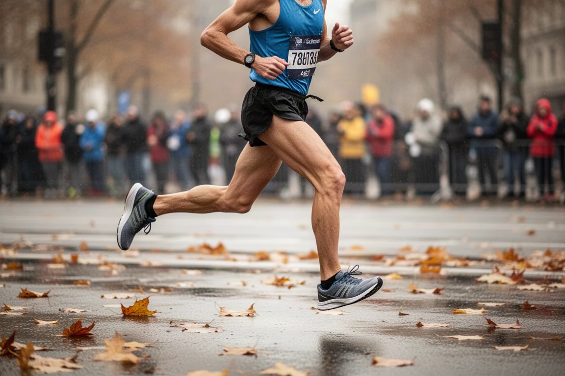 Maratonlöpare på vått underlag under ett höstlopp