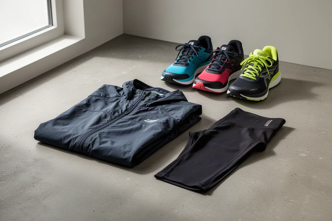 Running shoes, jacket, and tights arranged on a concrete surface