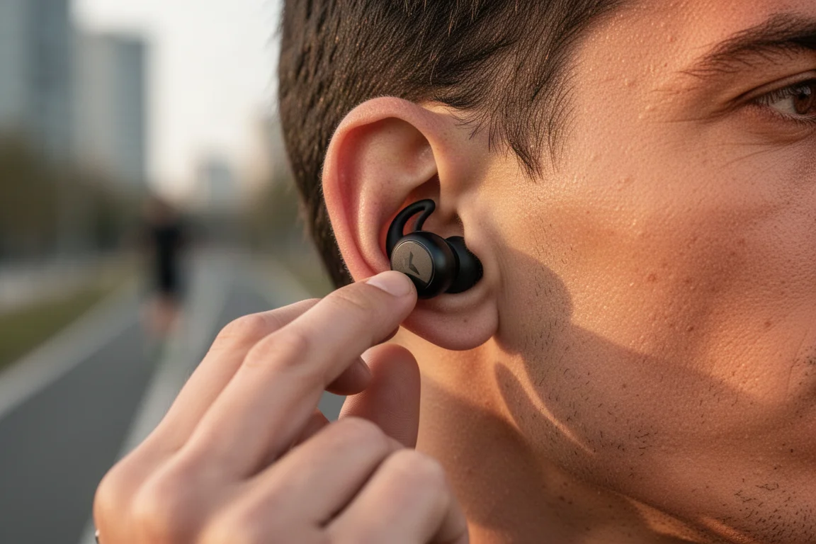 Runner placing a compact wireless earbud into their ear before a morning run
