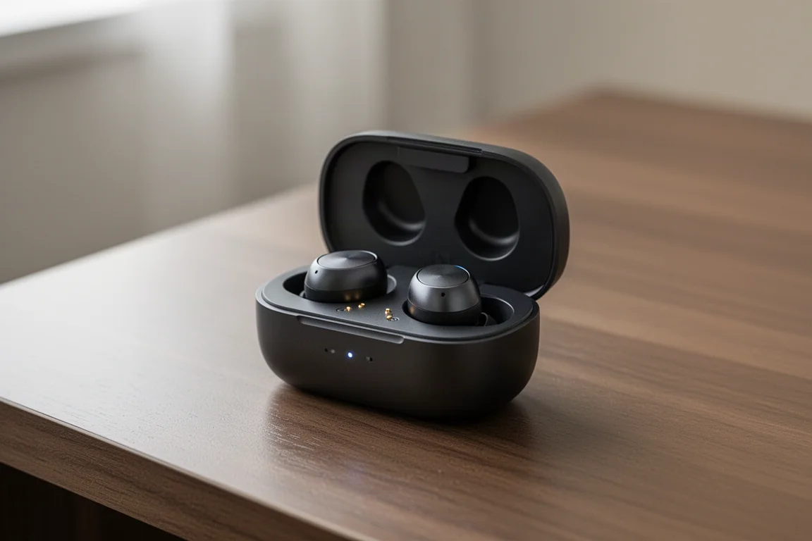 Wireless earbuds resting in an open charging case on a wooden desk