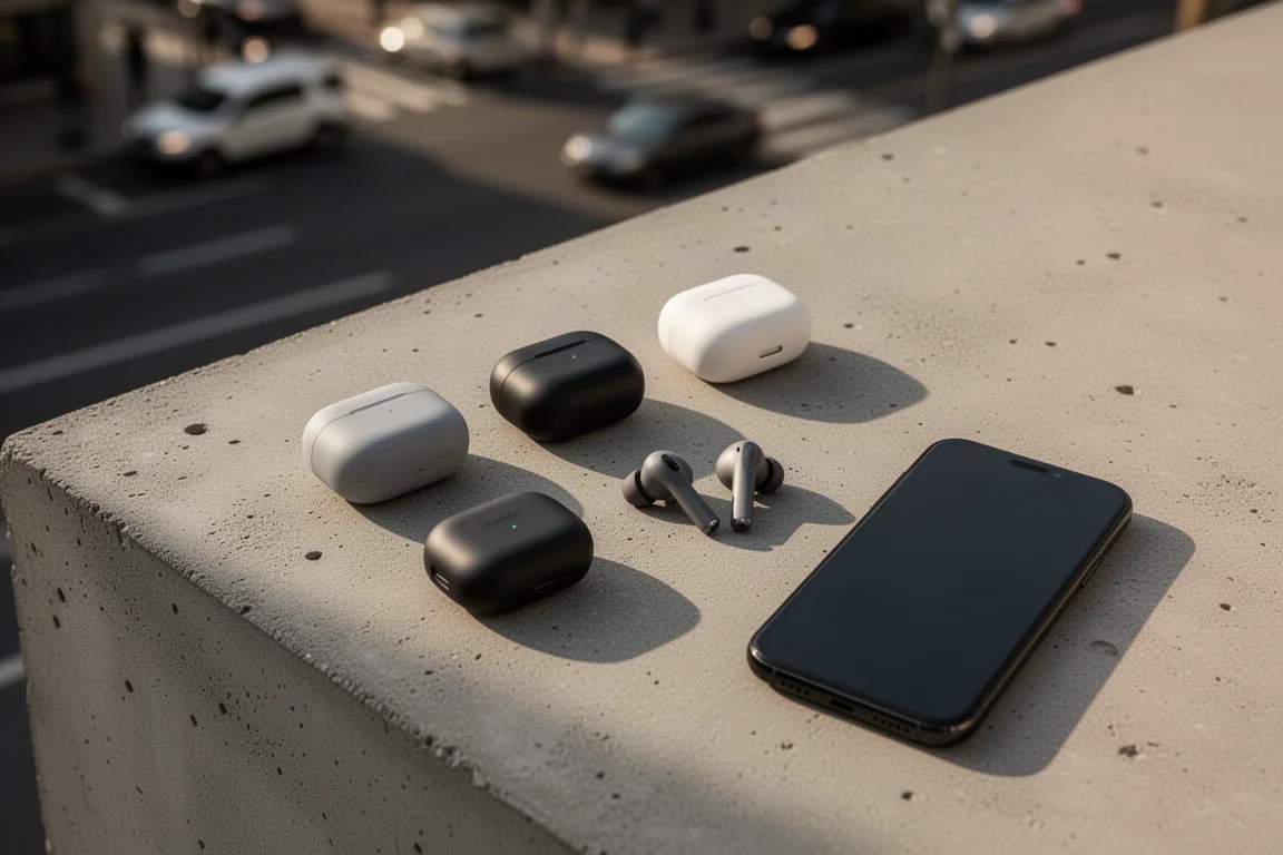 Phone call voice test setup with earbuds on a table outdoors