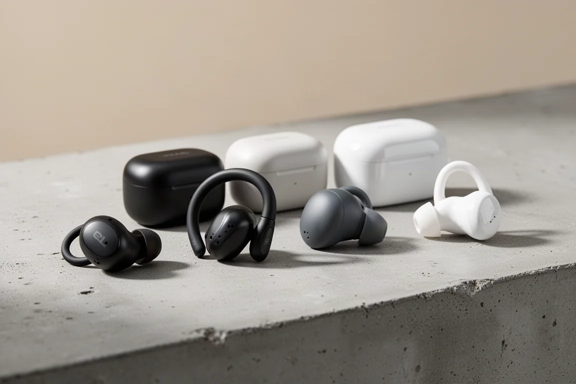 Four pairs of wireless earbuds with charging cases arranged on a concrete surface