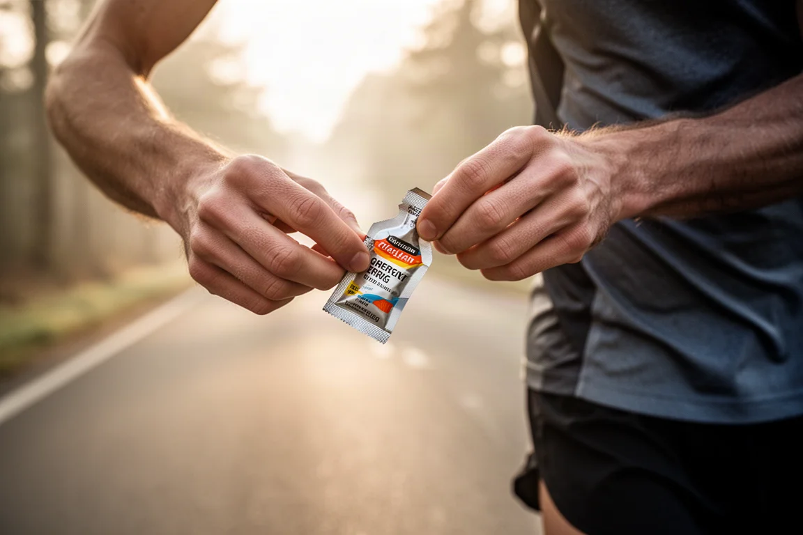 Corredor abrindo um sachê de gel energético durante um treino de rua pela manhã