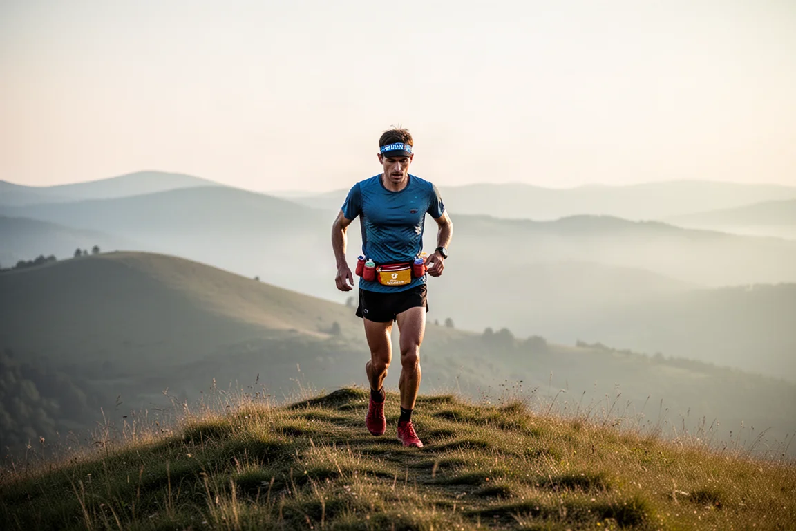 Trail runner parando no topo de uma subida durante um longo treino de ultramaratona