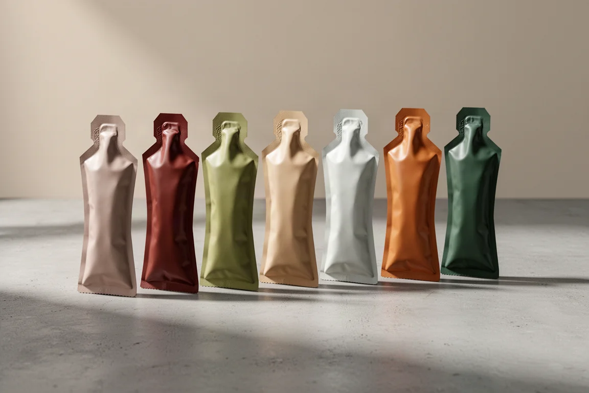 Row of eight energy gel sachets on a concrete surface