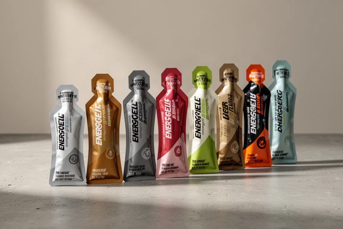 Row of assorted energy gel sachets on a matte concrete surface