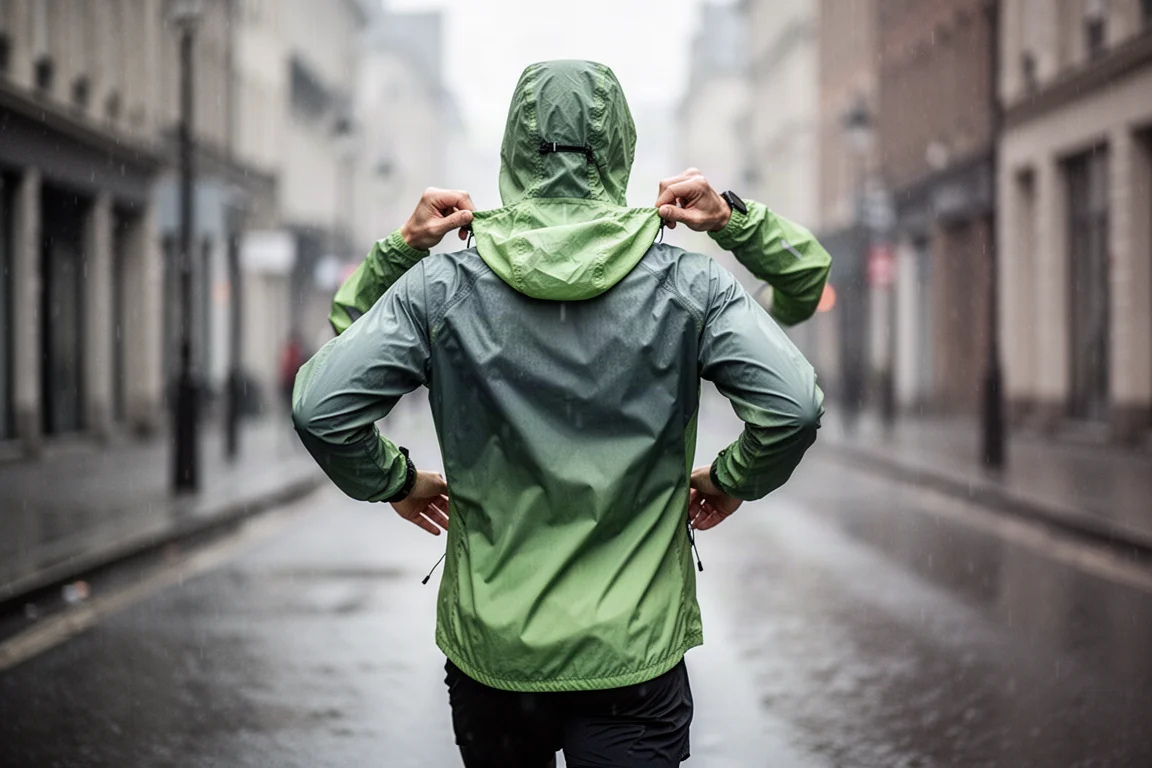 Läufer zieht eine leichte Jacke auf einer regnerischen Straße in der Stadt an