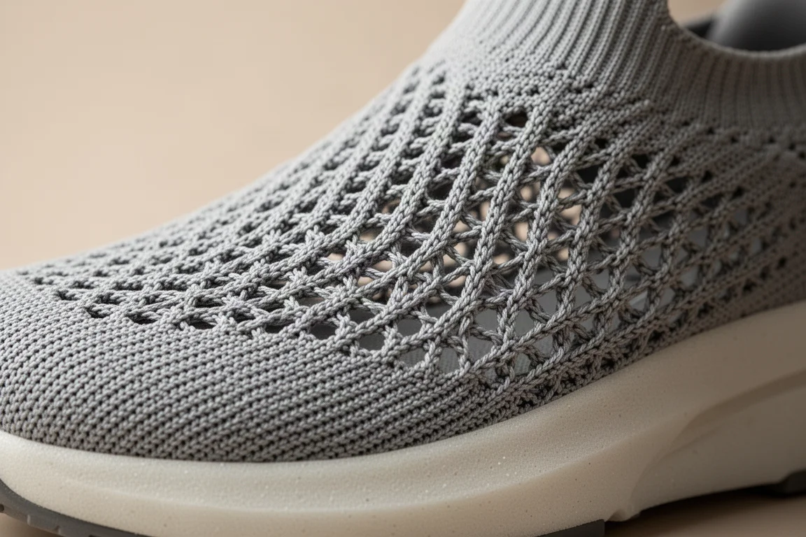 Nahaufnahme eines gestrickten Racing-Schuh-Obermaterials auf neutraler Unterlage
