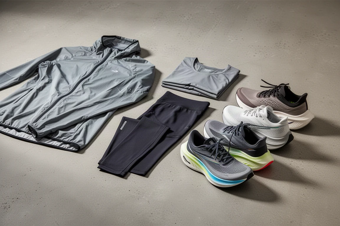 A curated arrangement of running shoes, jacket and base layer on concrete