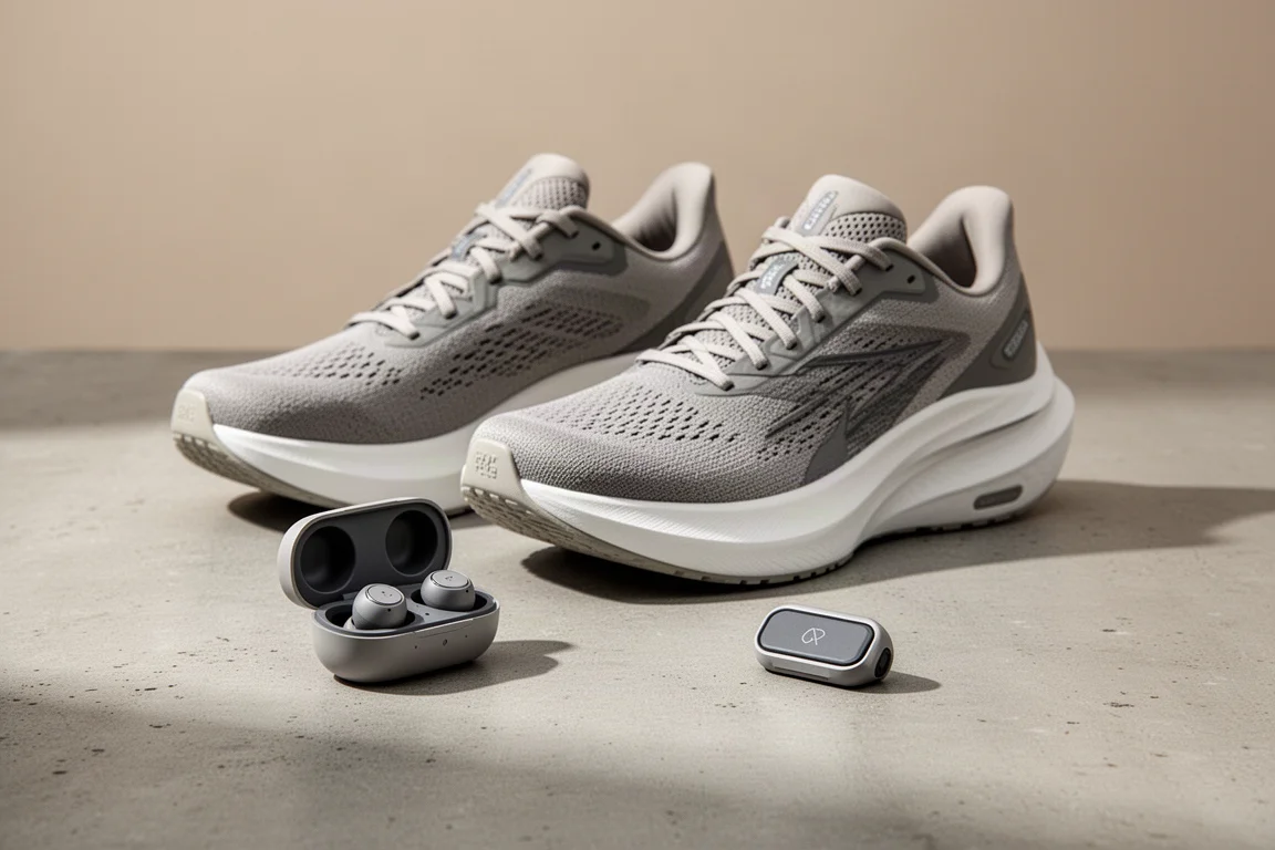 Running shoes, wireless earbuds, and a foot pod arranged on a concrete surface