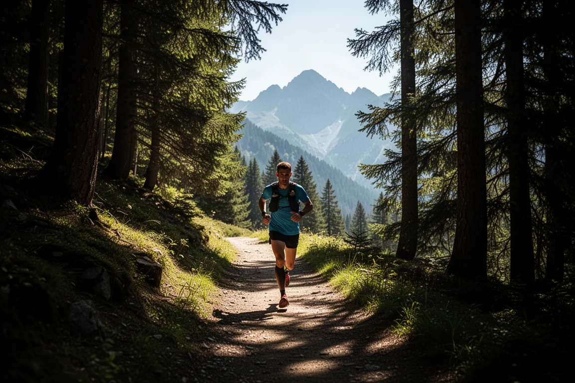 Biegacz trailowy zbiegający ze skalistego alpejskiego szlaku w jasnych okularach przeciwsłonecznych do biegania