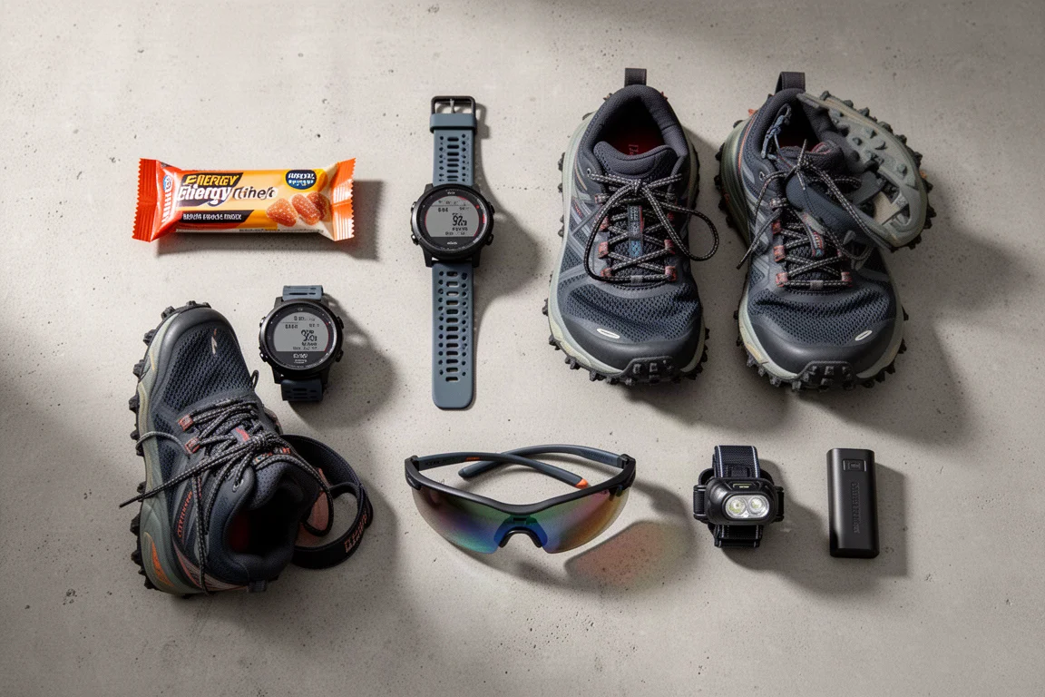 Flat-Lay mit Laufausrüstung: Uhren, Trailschuhe, Sonnenbrille, Energieriegel und Stirnlampe