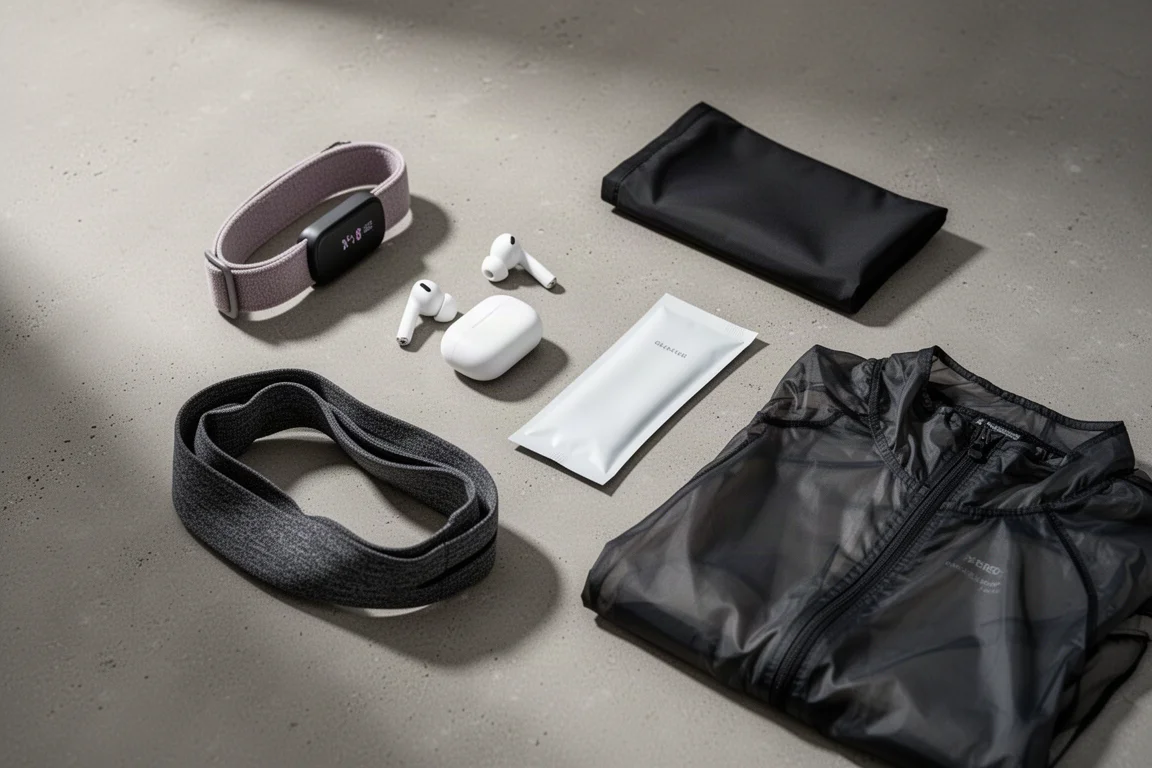 Five running essentials arranged on a matte concrete surface, including a heart rate sensor, earbuds, gel sachet, belt and jacket