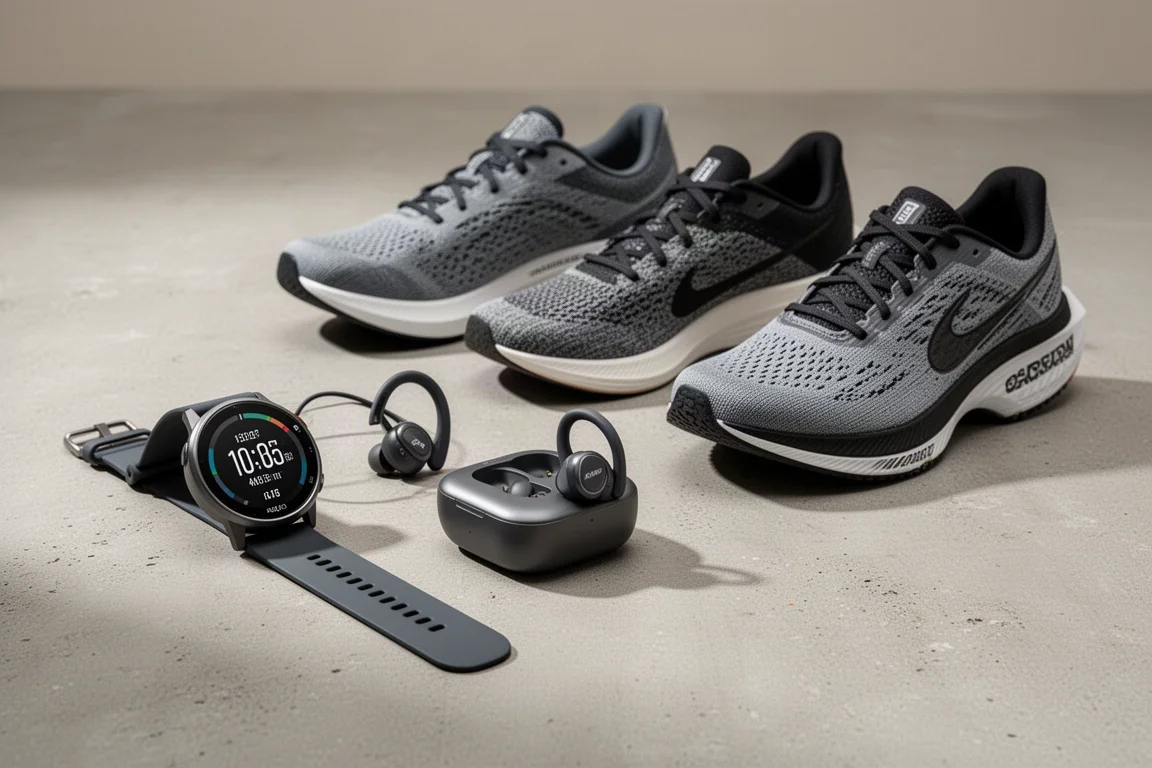 Running watch, ear-hook earbuds and two pairs of running shoes arranged on concrete