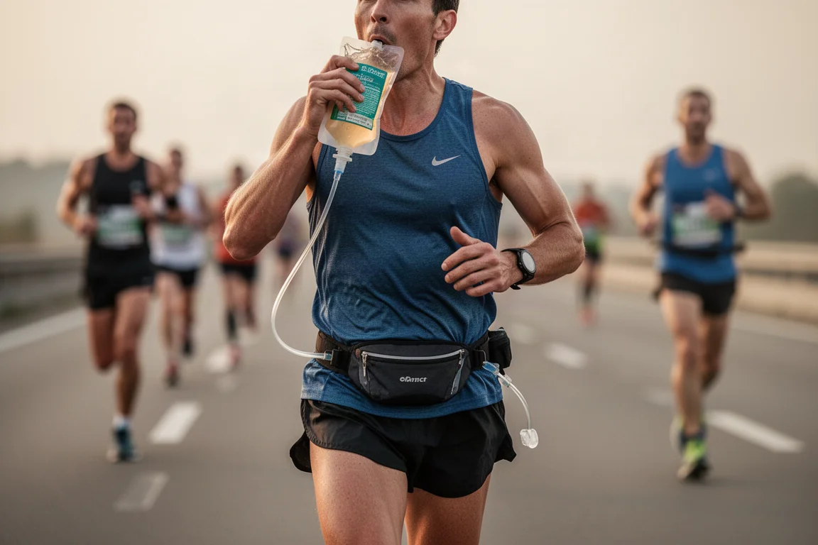 Runner taking a gel from a large squeezable pouch during a road race