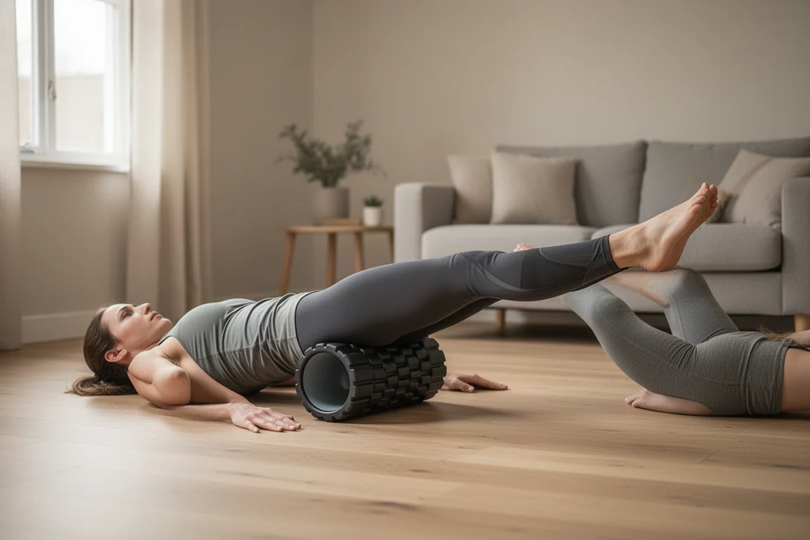 Person performing a hamstring bridge exercise with a padded roller at home