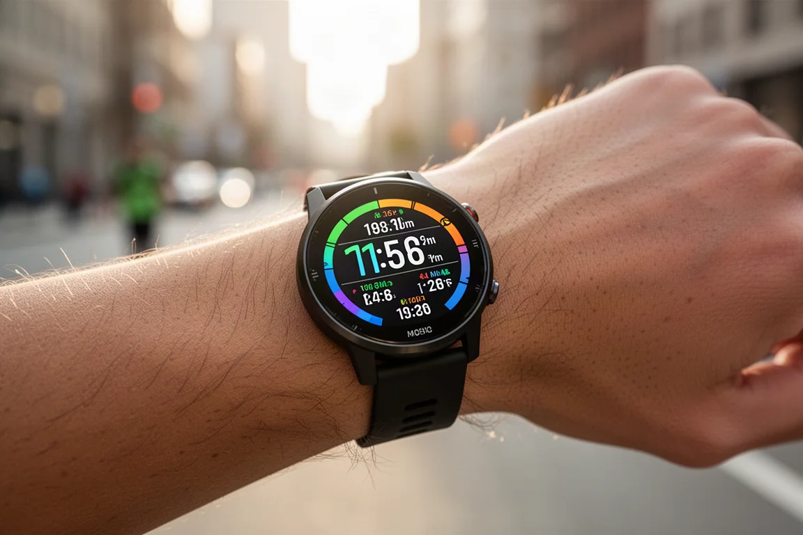 Slim GPS running watch showing a clear bright display on a runner's wrist