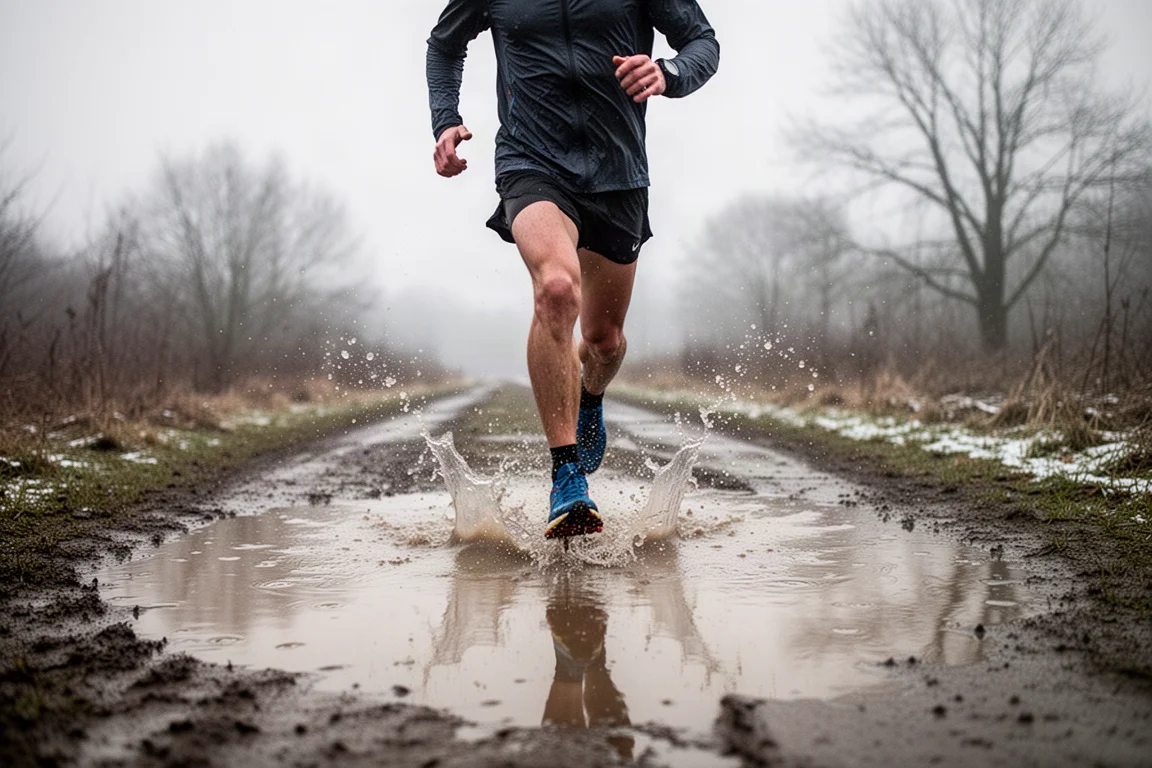 Trail runner splashing through a puddle on a wet winter path
