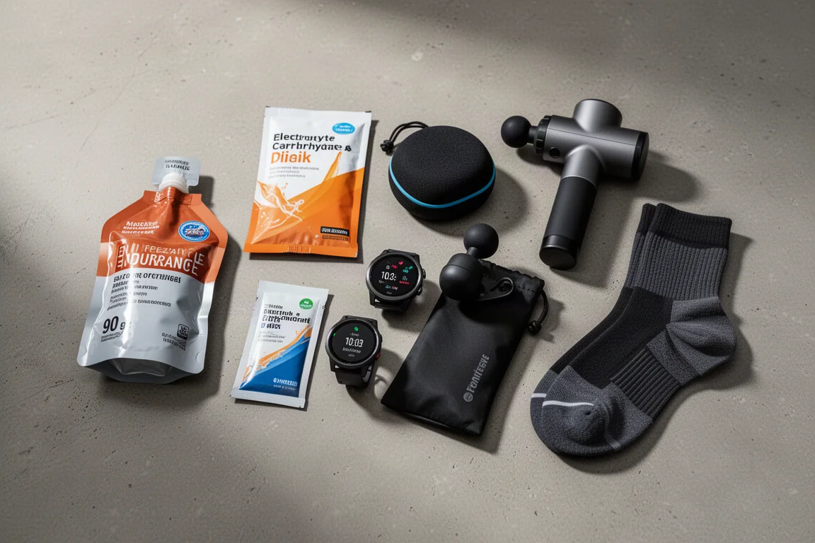 Flat-Lay von sechs Laufprodukten mit Gels, Trinkpulver, Rolle, Uhr, Massagepistole und Socken auf Beton