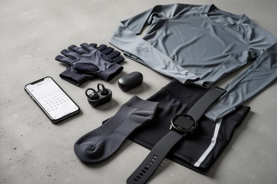 Flat lay of running gear including gloves, earbuds, socks, tights, top and GPS watch