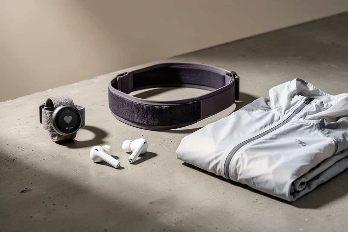 Vier hardloopmust-haves op een mat betonnen oppervlak in zacht studiolicht