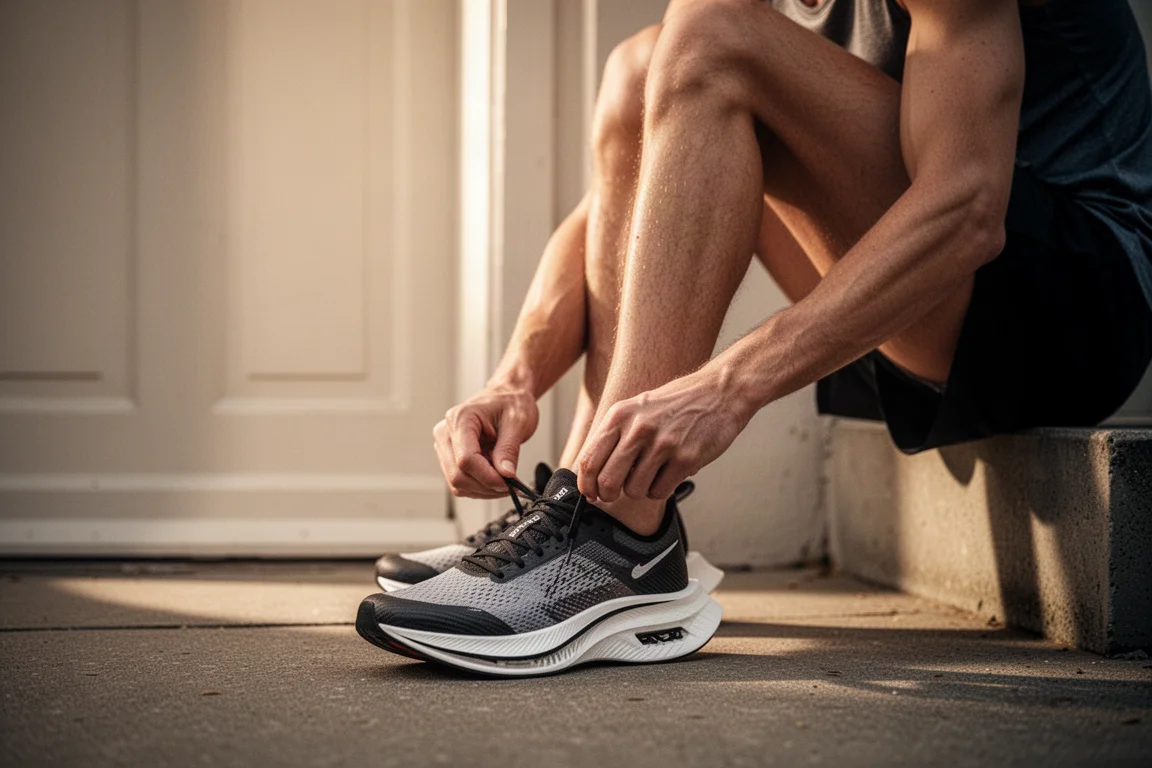 Un coureur ajustant une ceinture de running tubulaire autour de la taille sur une route calme