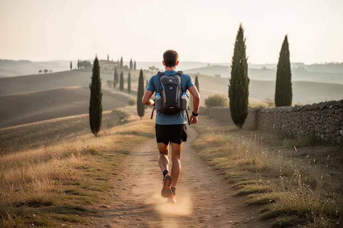 Runner on a multi-day trail route in rolling hills with a large running pack