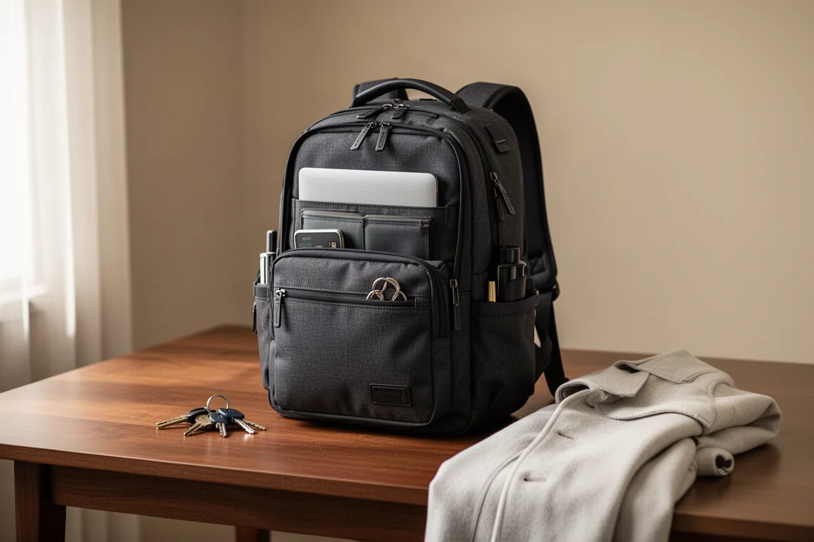 Commuter backpack on a desk next to a laptop and travel essentials