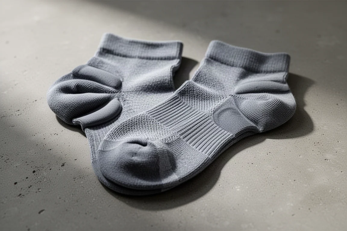 Close-up of padded running socks laid on a neutral concrete surface