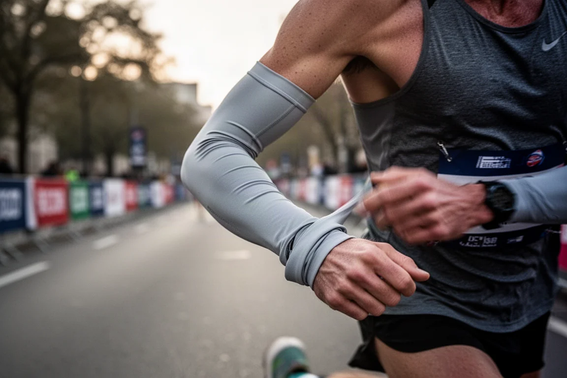 Runner rolling arm sleeves down to the wrists during a road race