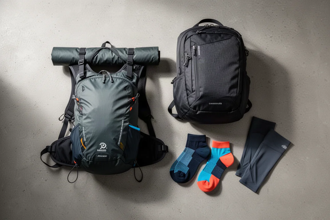 Running Pack, Rucksack, Socken und Ärmlinge auf einer Betonfläche arrangiert