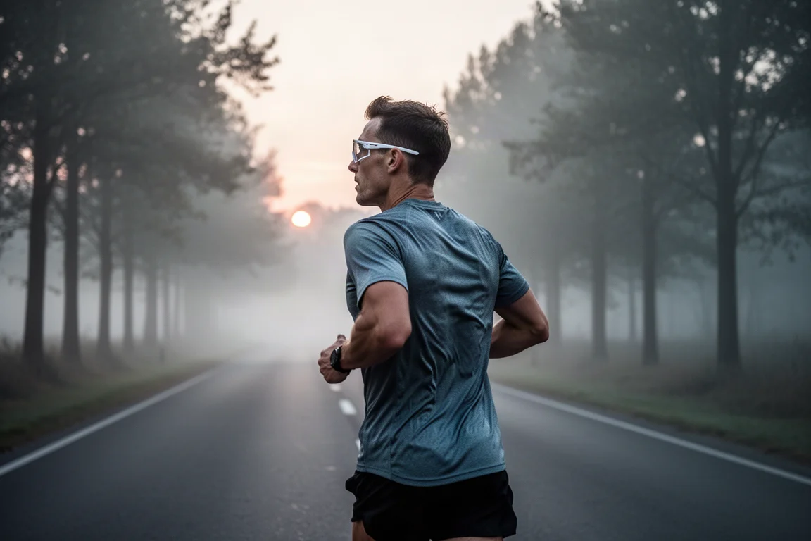 Runner in compression leggings starting a cold morning run