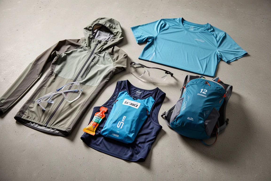 Flat-lay of running leggings, tights, sunglasses, a gel and arm sleeves on concrete