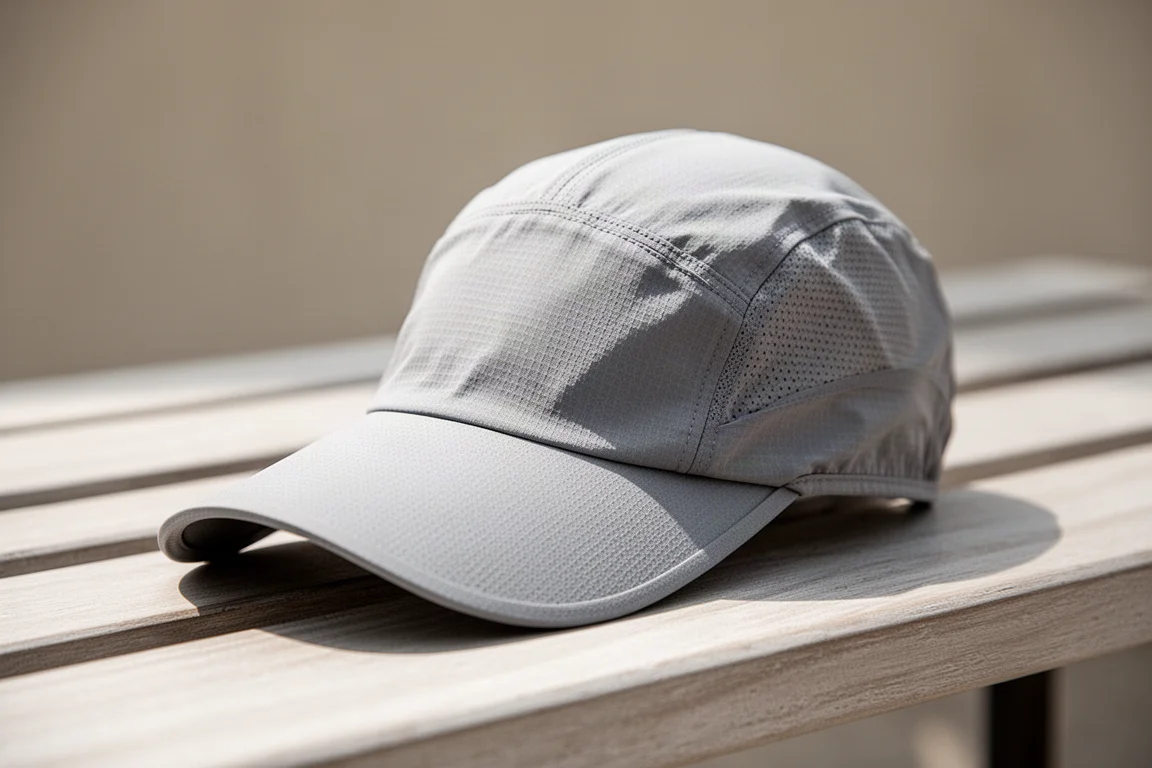 Gros plan de lunettes de soleil de running sombres posées sur une surface en bois