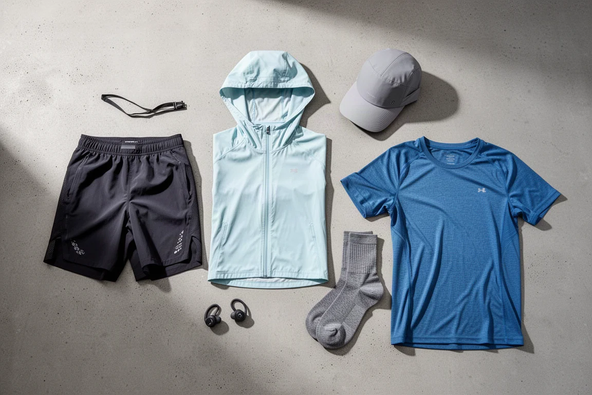 Flat-lay of eight running gear items including shorts, hoodie, cap, tee, socks and earbuds on concrete