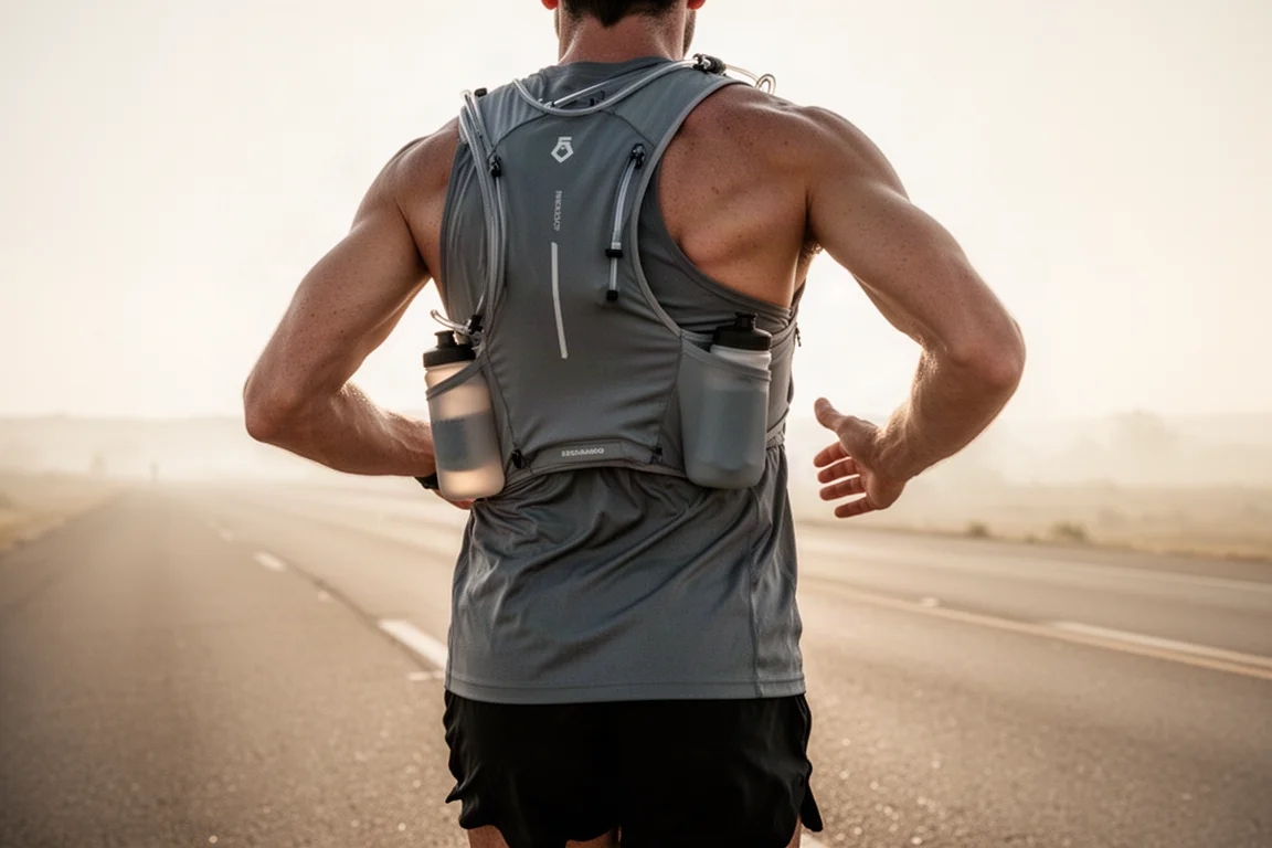 Runner che indossa un gilet da gara minimal da 3 litri con tasche frontali per soft flask su una strada calda