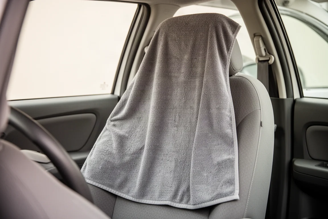 Asciugamano in microfibra grigio steso sul sedile dell'auto per proteggerlo da sudore e umidità